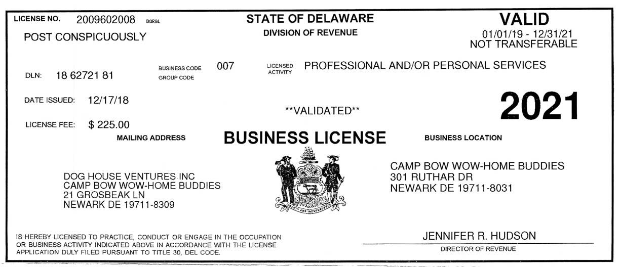 State of Delaware Business License for Camp Bow Wow